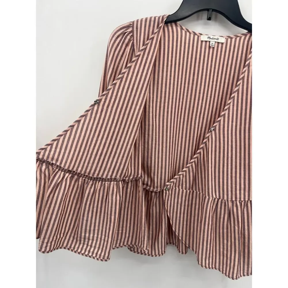 Madewell Striped Puff Sleeve Peplum Wrap Top XS 100% Cotton